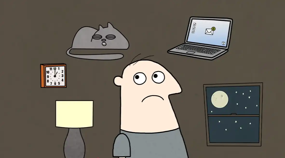 Anxious person sitting on bed looking at a clock, illustrating insomnia and bedtime stress