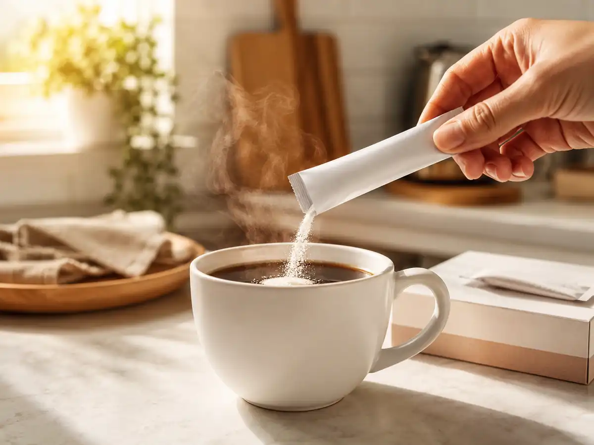 Java Burn Review: Pouring a sachet of powdered supplement into a warm mug of morning coffee on a wooden table