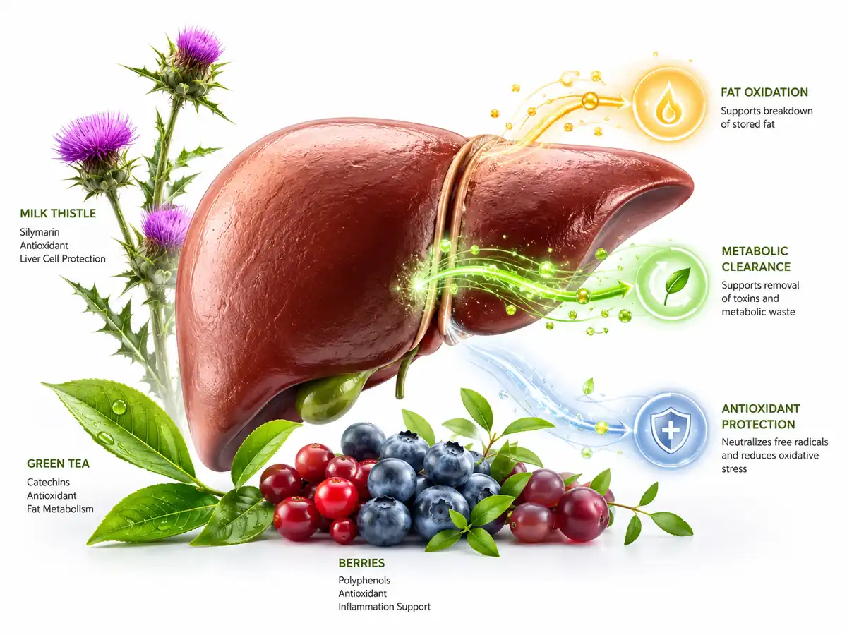 Targeted liver and ceramide support: A healthy liver illustration surrounded by natural antioxidants and plant extracts clearing metabolic roadblocks