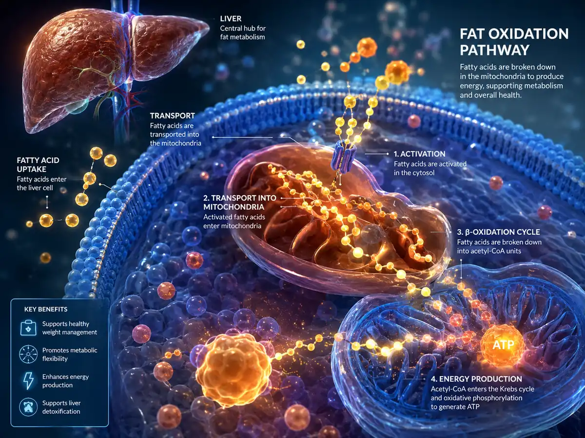 Detailed biological diagram illustrating fat oxidation pathways and cellular metabolism in the human body