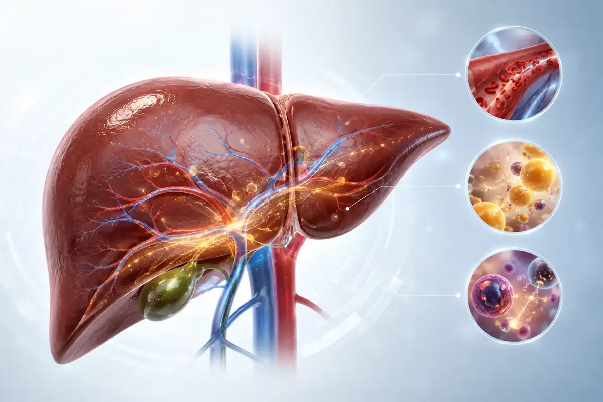 Liver health and metabolic pathways: Medical illustration showing healthy liver function and fat oxidation processes
