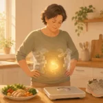 Warm illustration of a person looking thoughtfully at a scale with healthy food and running shoes nearby, soft golden glow around the midsection representing metabolic roadblocks