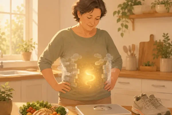 Warm illustration of a person looking thoughtfully at a scale with healthy food and running shoes nearby, soft golden glow around the midsection representing metabolic roadblocks