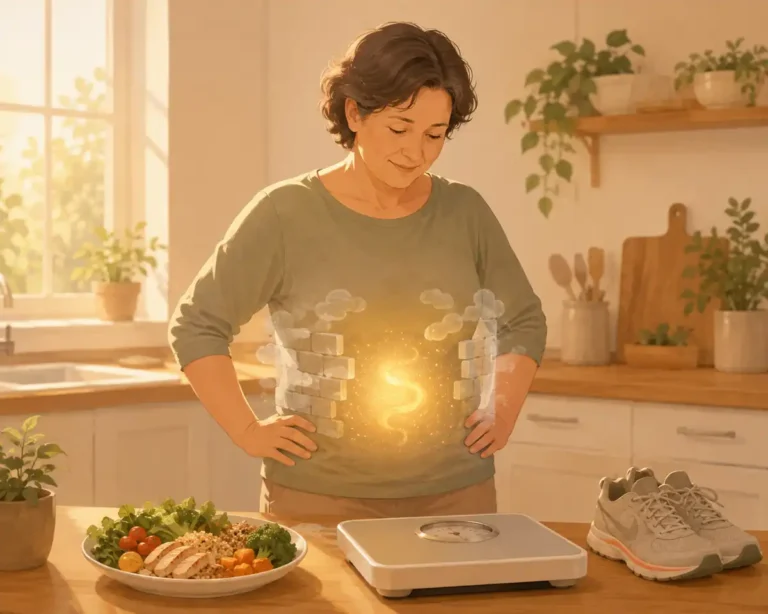 Warm illustration of a person looking thoughtfully at a scale with healthy food and running shoes nearby, soft golden glow around the midsection representing metabolic roadblocks