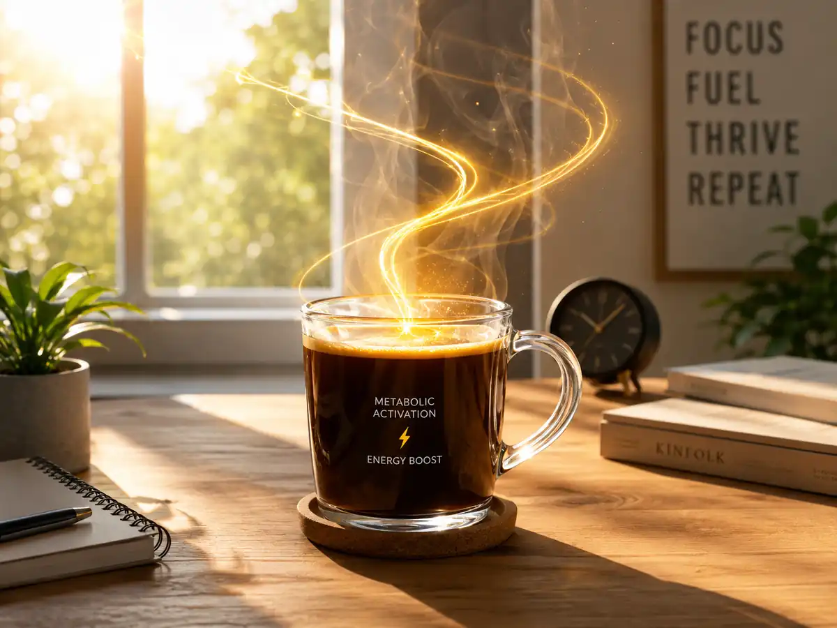 Clear Metabolic Roadblocks: Morning coffee metabolic activation: A warm cup of coffee on a wooden desk with glowing metabolic energy rays symbolizing enhanced calorie burn
