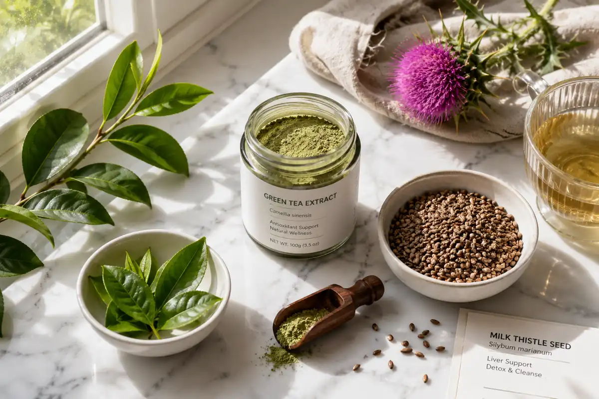 Natural antioxidants for morning synergy: Green tea extract, milk thistle seeds, and natural ingredients on a clean counter with morning light