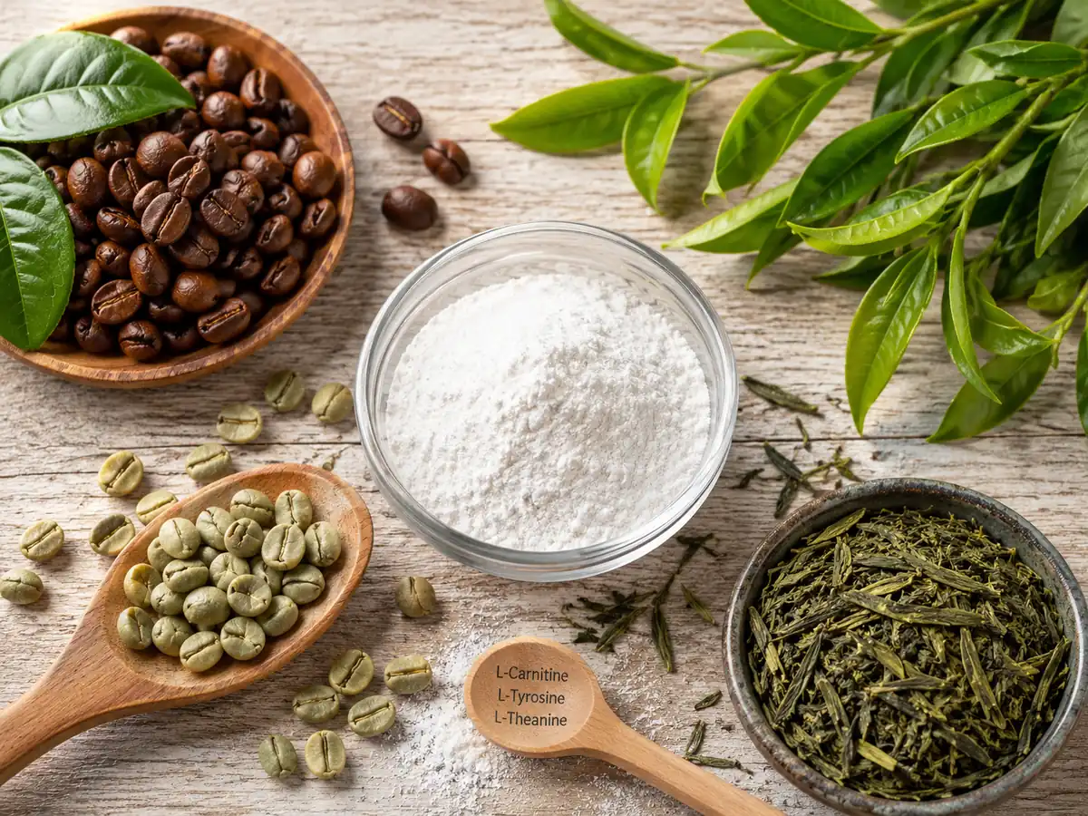 Java Burn Review ingredients: Green tea leaves, green coffee beans, and natural supplements arranged on a rustic surface