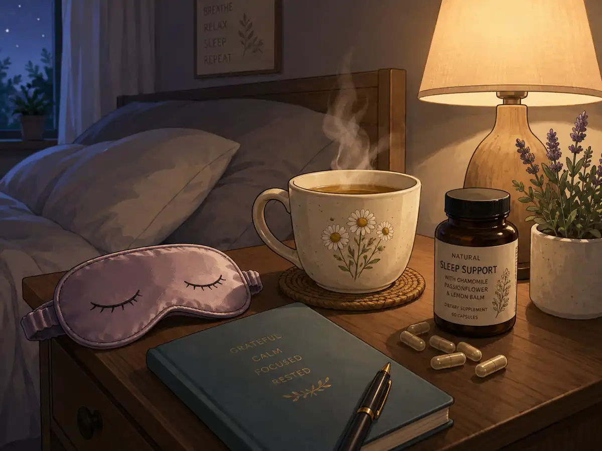A peaceful dimly lit bedroom with chamomile tea, a cozy blanket, and natural sleep support elements on a nightstand