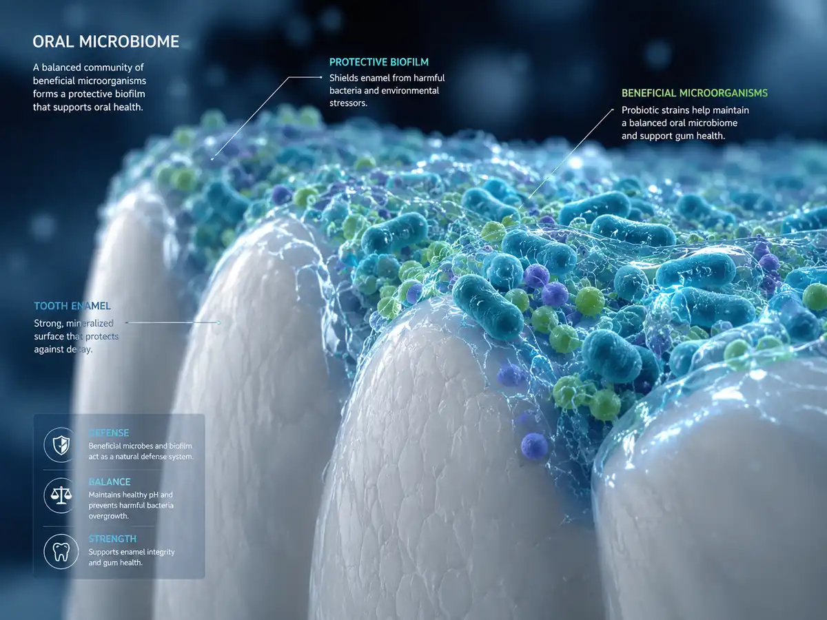 Conceptual 3D illustration of oral biofilm layer and postbiotic bacterial balance on tooth enamel surface