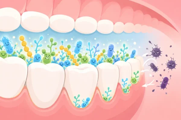 Illustration of a healthy oral microbiome showing smiling beneficial bacteria protecting teeth and gums while pushing away harmful bacteria