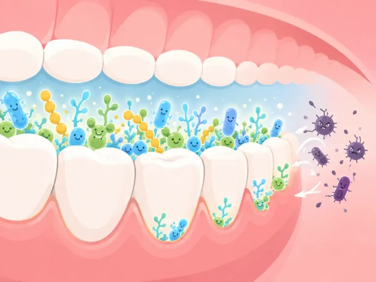 Illustration of a healthy oral microbiome showing smiling beneficial bacteria protecting teeth and gums while pushing away harmful bacteria