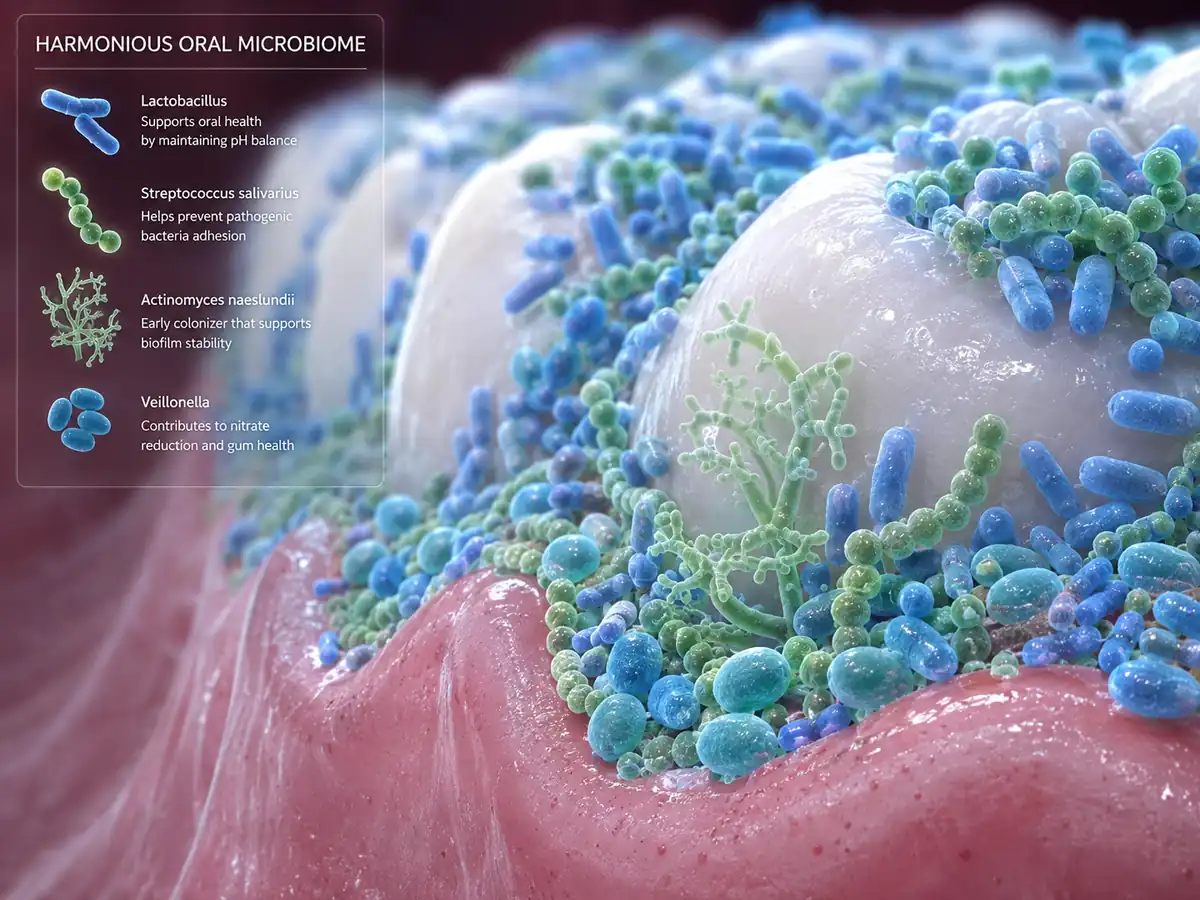 Oral Microbiome: Illustration of a diverse community of beneficial and harmful bacteria interacting on teeth and gums inside a healthy mouth
