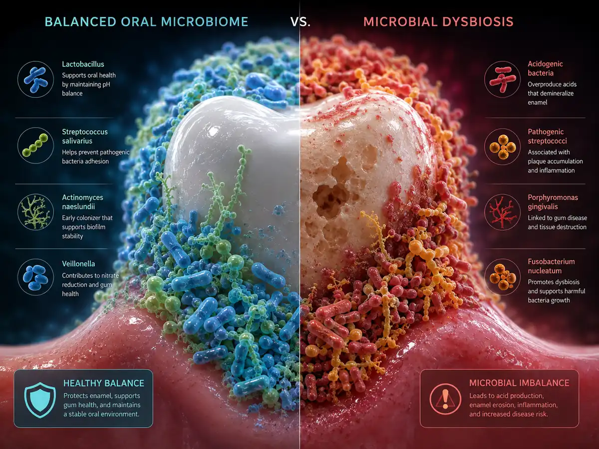 3D conceptual visualization showing a shift from healthy oral bacteria to acid-producing biofilm on enamel