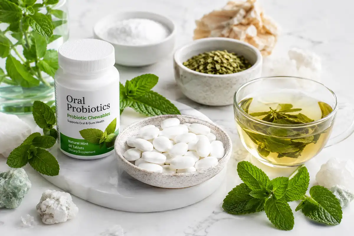 Oral microbiome support natural ingredients: Illustration of probiotic capsules, green tea leaves, and mineral botanicals on a clean surface