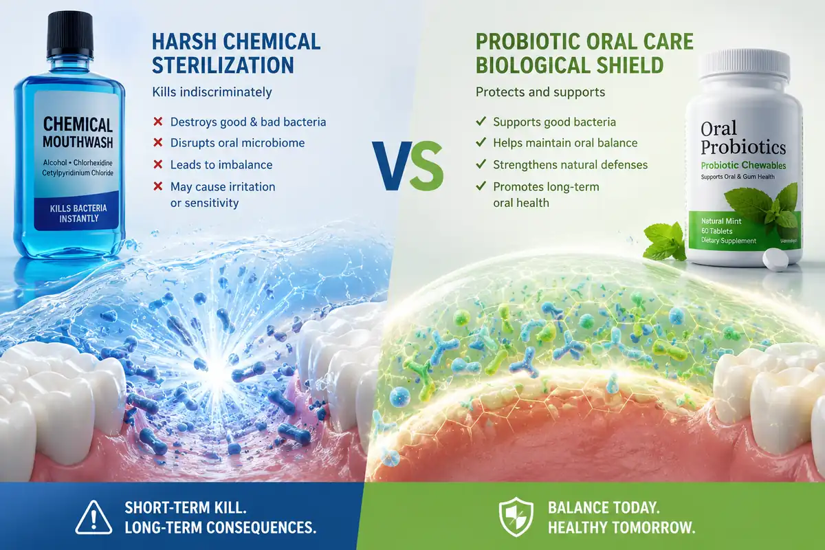 Oral microbiome support sterilization vs balance: Comparison between harsh mouthwash chemical sterilization and targeted biological support