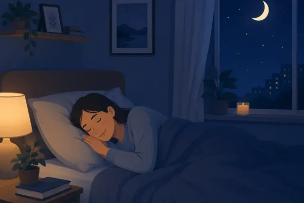 Soft vector illustration of a person peacefully asleep in a cozy bedroom setting
