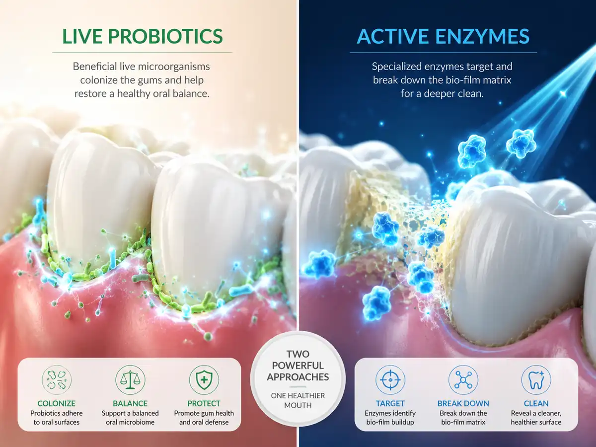 Conceptual illustration comparing live probiotic colonization of the oral cavity with postbiotic disruption of bacterial acid-locks
