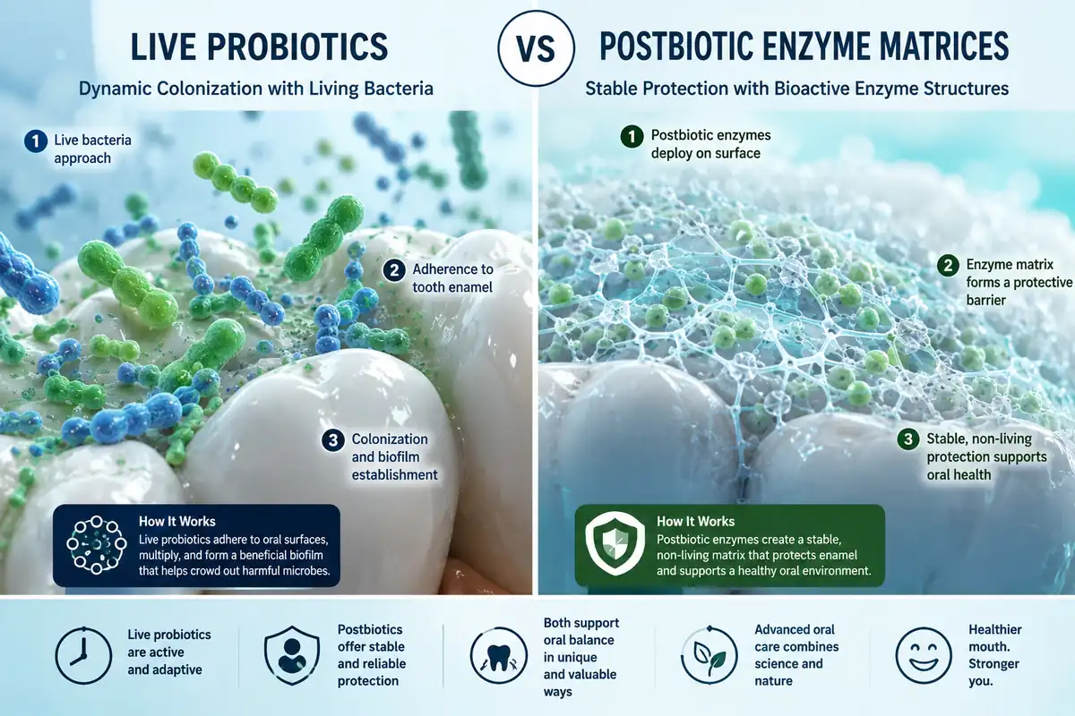 Probiotic vs postbiotic oral health: Conceptual illustration comparing live probiotic strains with stable postbiotic matrix compounds