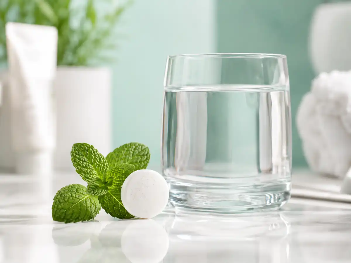 ProDentim Review: A chewable oral probiotic tablet placed next to fresh peppermint leaves and natural ingredients