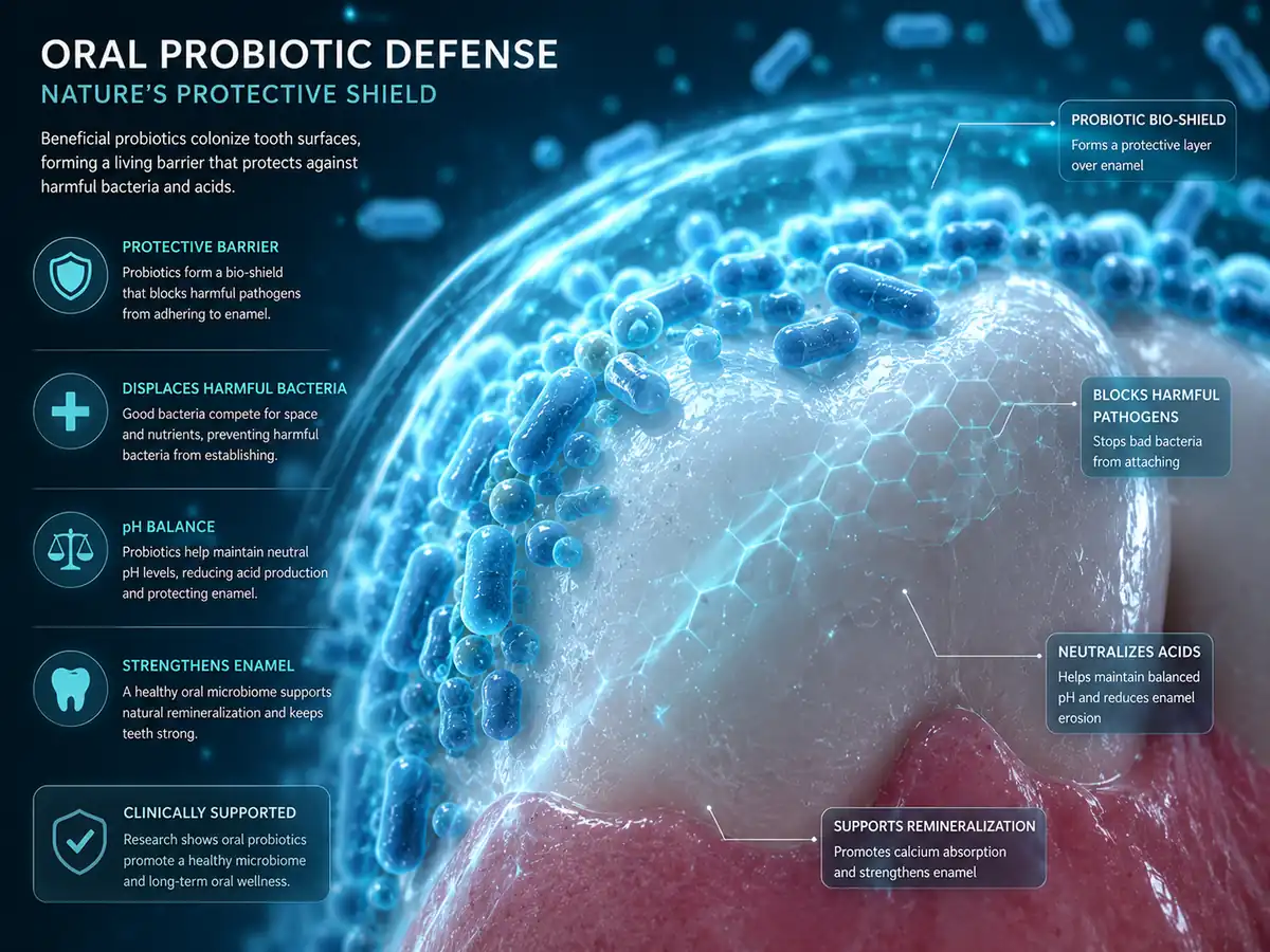 Conceptual artwork showing glowing beneficial bacteria protecting teeth against harsh chemical mouthwashes