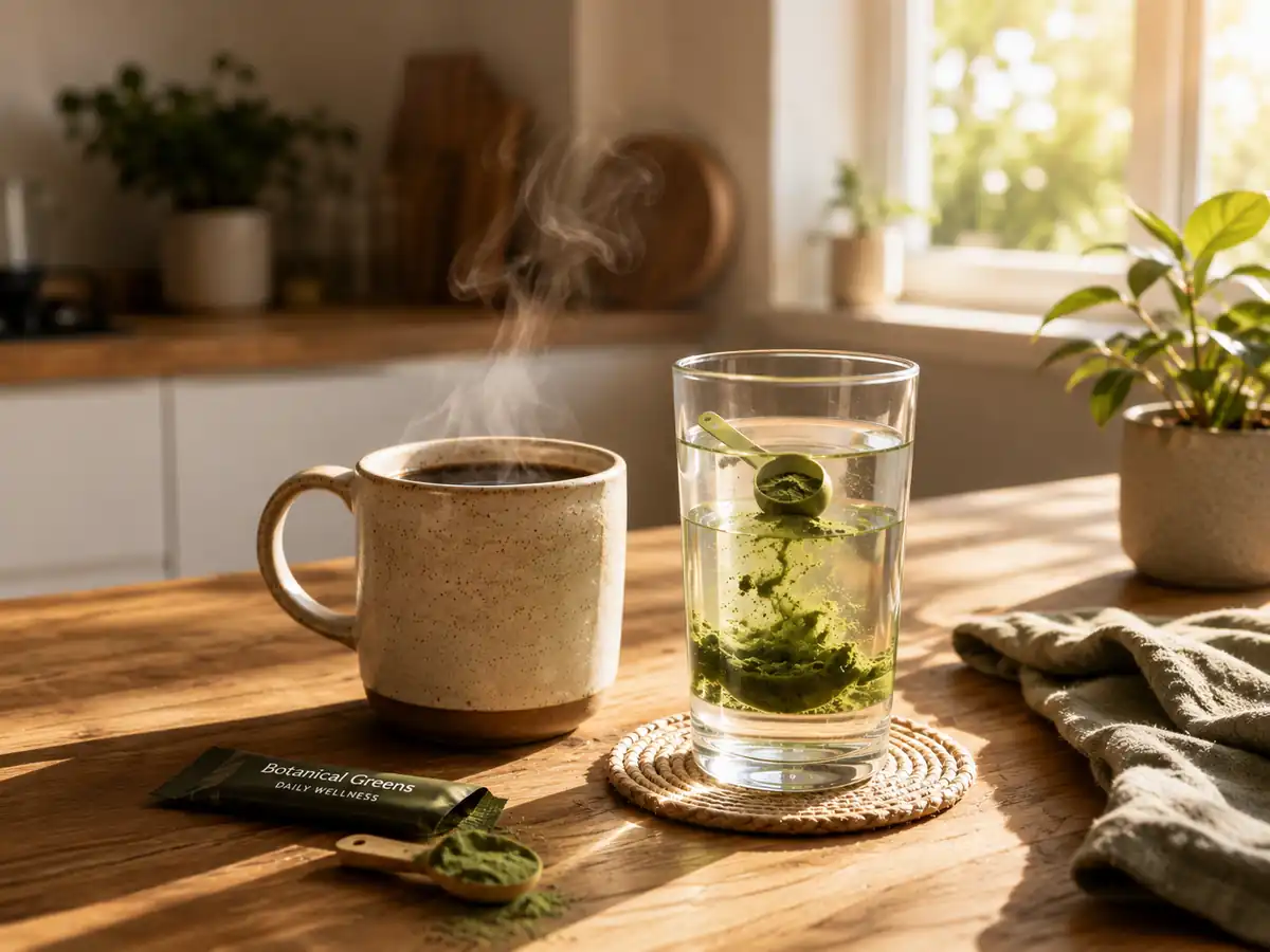 A healthy morning routine scene featuring a glass of water, morning coffee, and plant-based botanical extracts