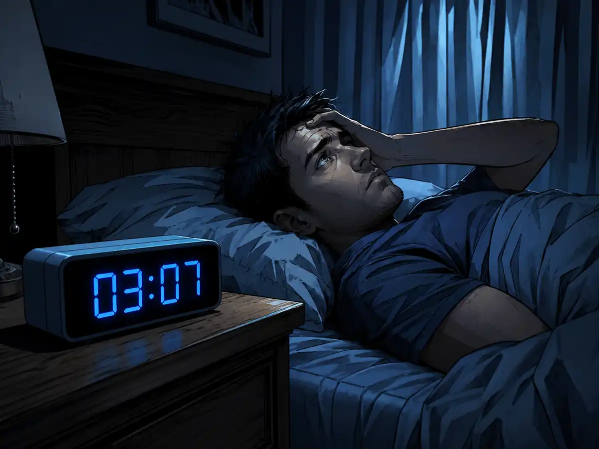 Waking Up in the Middle of the Night: A person lying wide awake in bed at 3 AM looking anxious at a glowing digital clock