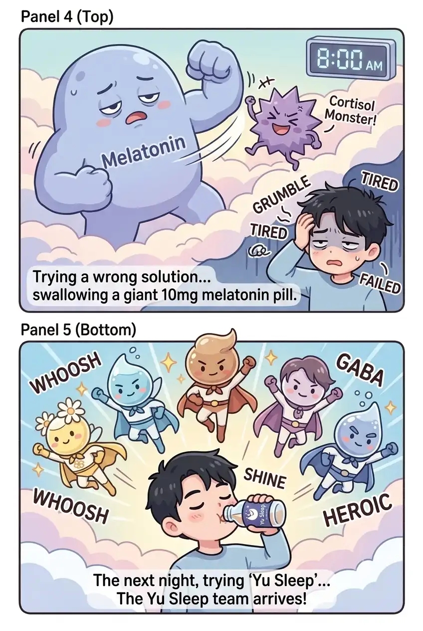 Sleep Maintenance Insomnia: Comic illustration comparing high-dose melatonin failure with the Yu Sleep multi-nutrient superhero team swooping in to help