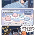 Comic illustration showing a man sleeping peacefully, his brain cycles at 2:59 AM, and suddenly waking up wide awake at 3:00 AM due to a cortisol alarm