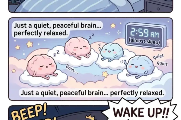 Comic illustration showing a man sleeping peacefully, his brain cycles at 2:59 AM, and suddenly waking up wide awake at 3:00 AM due to a cortisol alarm