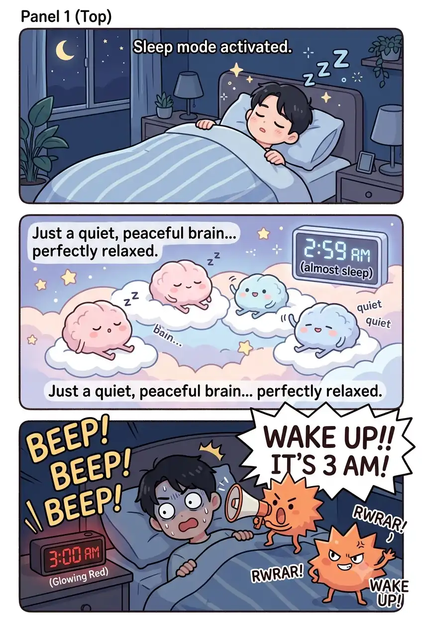 Comic illustration showing a man sleeping peacefully, his brain cycles at 2:59 AM, and suddenly waking up wide awake at 3:00 AM due to a cortisol alarm