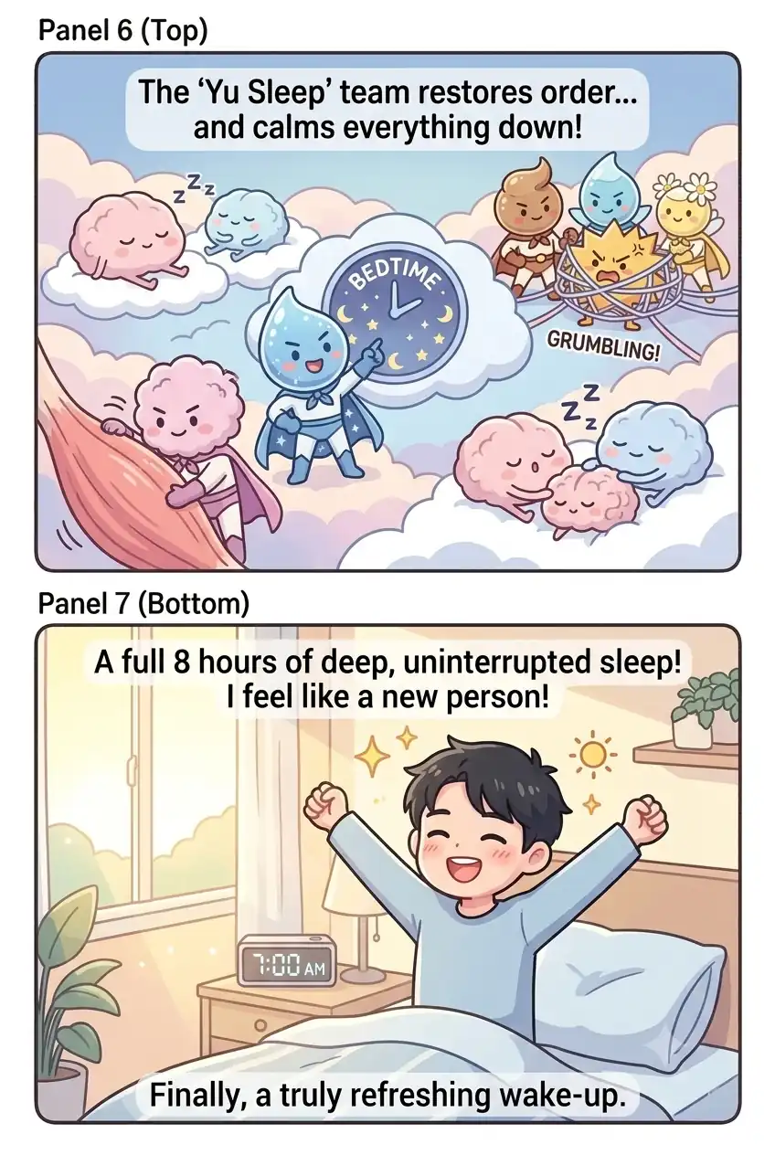Comic panel showing the Yu Sleep team capturing the cortisol monster and the man waking up happy and refreshed after 8 hours of deep sleep